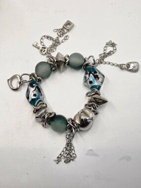 Silver Tone & Glass Bead Charm Bracelet With Lock & Key Details
